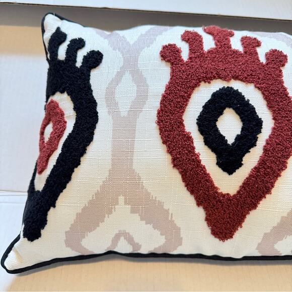Cream Red Black Ikat Embroidered Throw Pillow Boho Home Decor 13x19 - Picture 3 of 9